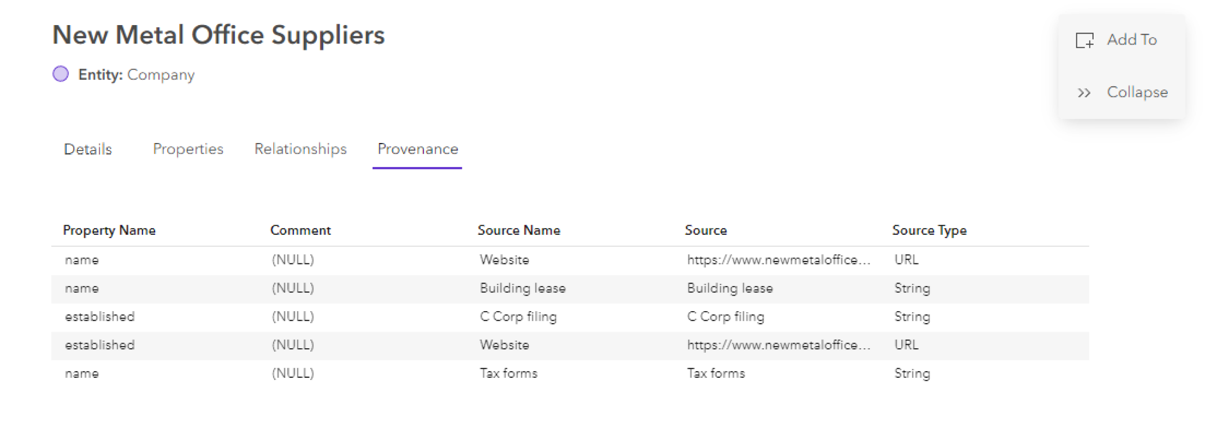 Entity provenance tab