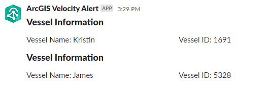 A Velocity alert containing vessel information details