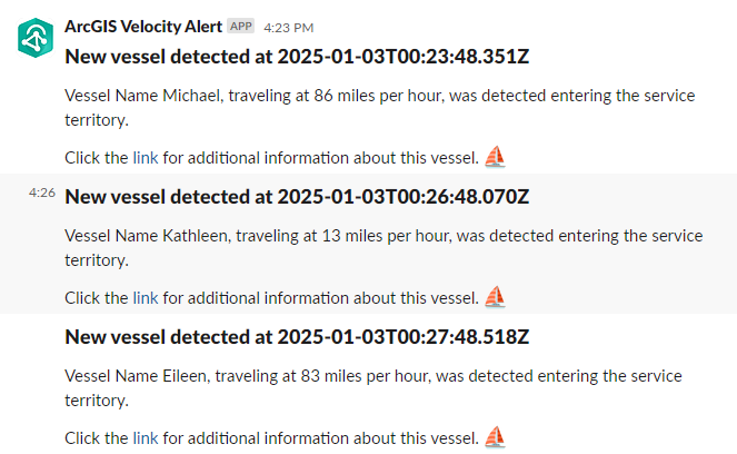 A Velocity alert that includes details for a new vessel detected