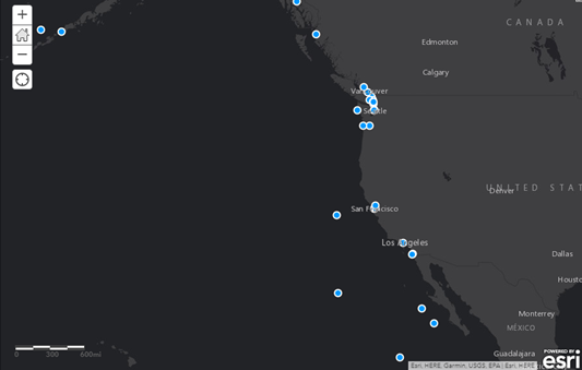 Feature layers overlaid on the Dark Gray Canvas basemap in a web map