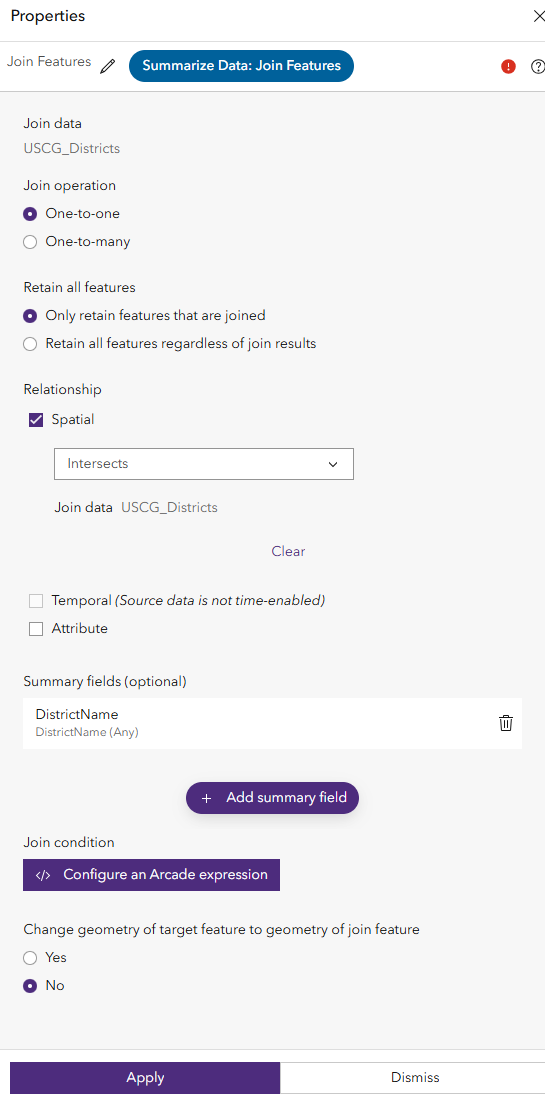 Join Features tool with summary fields configured
