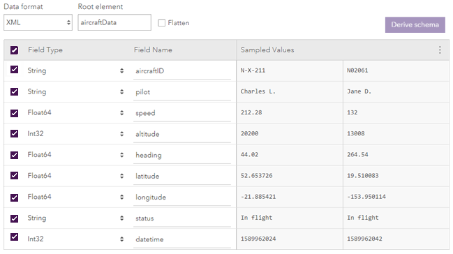 Resulting confirm schema page with the aircraftData root element specified.