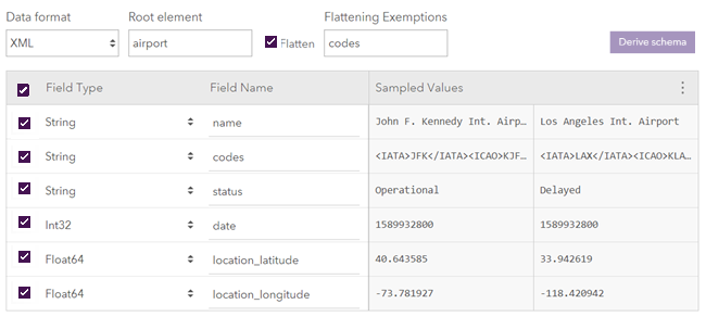 Resulting confirm schema page from the flattened XML shows the codes field is exempted from flattening.