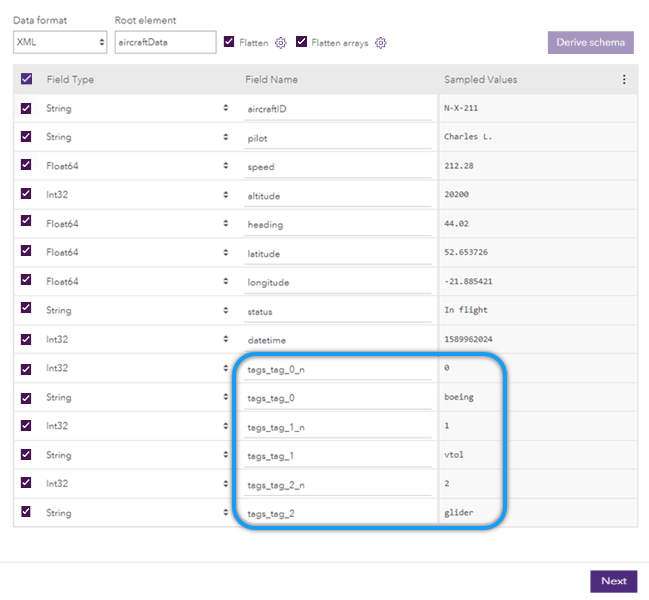 Resulting confirm schema page shows the tags fields divided into separate fields.