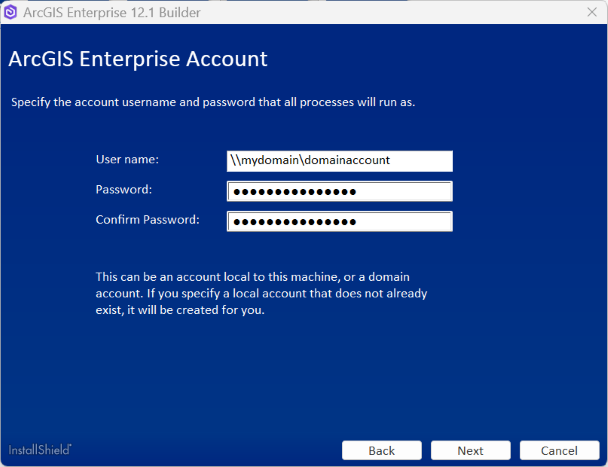 If you enter a domain account, it must already exist.