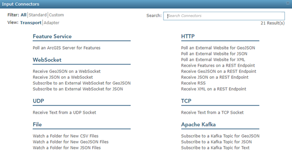 Input connectors available in GeoEvent Server Input connectors available in GeoEvent Server